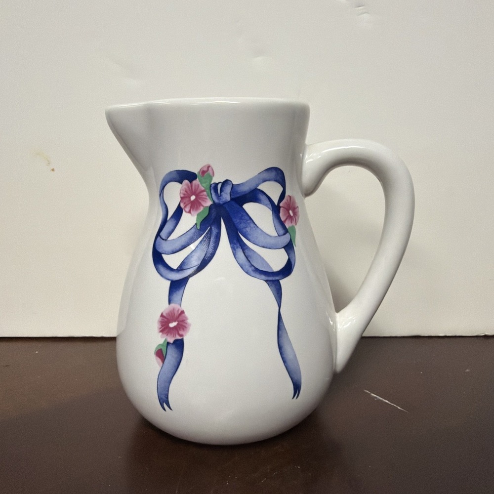 Vintage FTD White Blue Ceramic Pitcher Floral Ribbon Pattern‎ Art Pottery 6"H